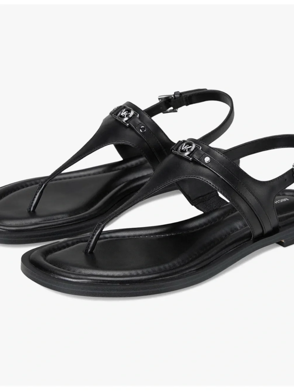 NWOT Michael Kors Black Leather T-Strap Thong Sandals MK Logo Ankle Strap Size 8